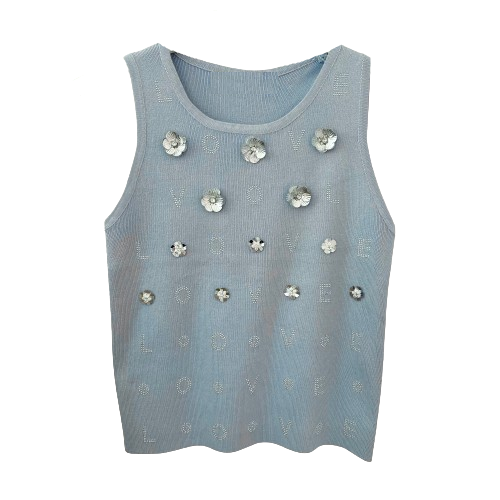 TOP `Couture Flowers´ (ärmellos), blau-silber